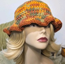 Handmade Crochet Bucket Hat Ruffle Brim Multicolor Orange   Acrylic Yarn Fashion