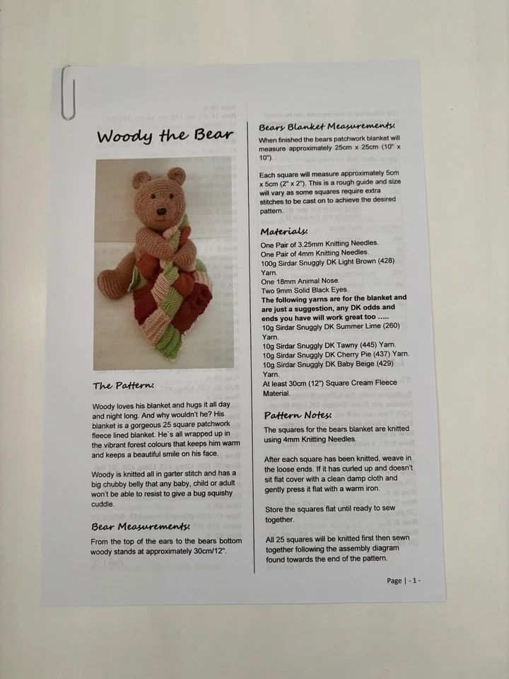 Knitting  Pattern Instructions To Make "Woody" Brown Toy Bear - Image 2 of 4