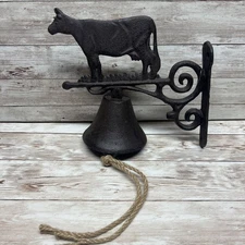 Cast Iron Cow Scrolls Dinner Bell Wall Mounted Farmhouse Ranch Rustic with Rope