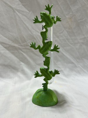 Bright Green Painted Solid Brass Leaping Frog Trio Tabletop Rain Gauge