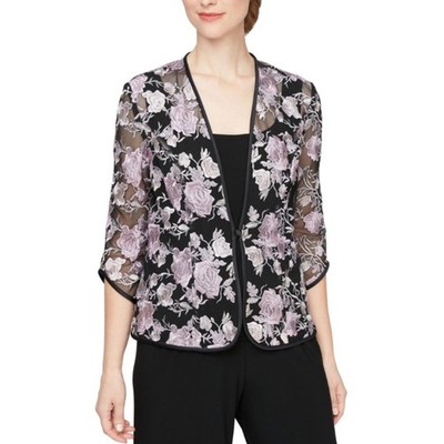 Alex Evenings NWT WOMENS LARGE Purple Floral Embroidered Sheer Black Jacket