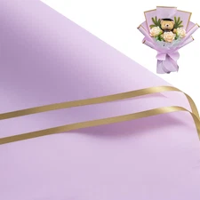 20 Sheets Flower Wrapping Paper - 22.4 x 22.4 inch Gold Trim Purple Water-Resist
