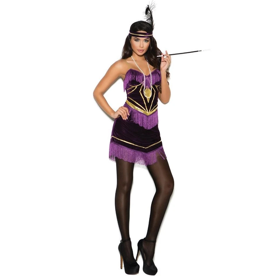 Disfraz Flapper Terciopelo Flecos Vestido Pluma Diadema Púrpura Dorado 99071 XL Foto 3 de 4