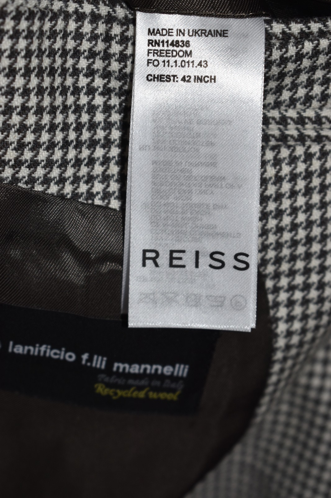 B0 NEW REISS Freedom Grey Houndstooth Cotton Wool Blend 2-Button Blazer Chest 42 image 8