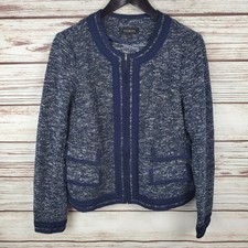NWOT Talbots Womens Size 12 Navy Blue/White Tweed Zip Blazer Jacket