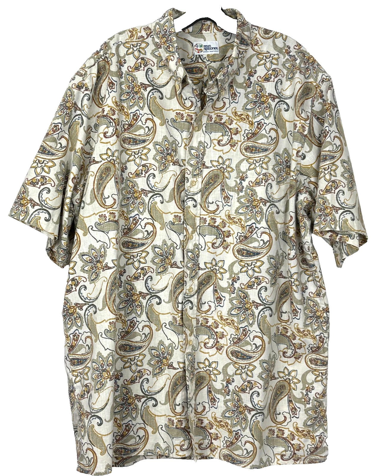 Reyn Spooner Button Down Short Sleeve Shirt Mens 2XL Tan Hawaiian Floral + Pockt