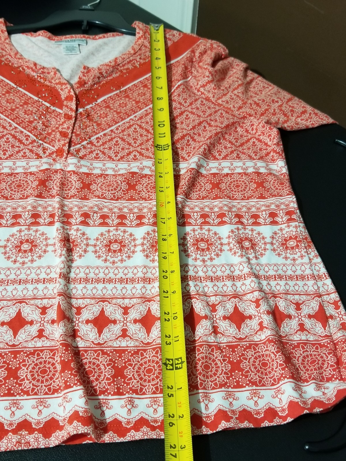 Rebecca Malone Women Size 1X Orange V Neck Boho Casual Lightweight 3/4 Sleeve