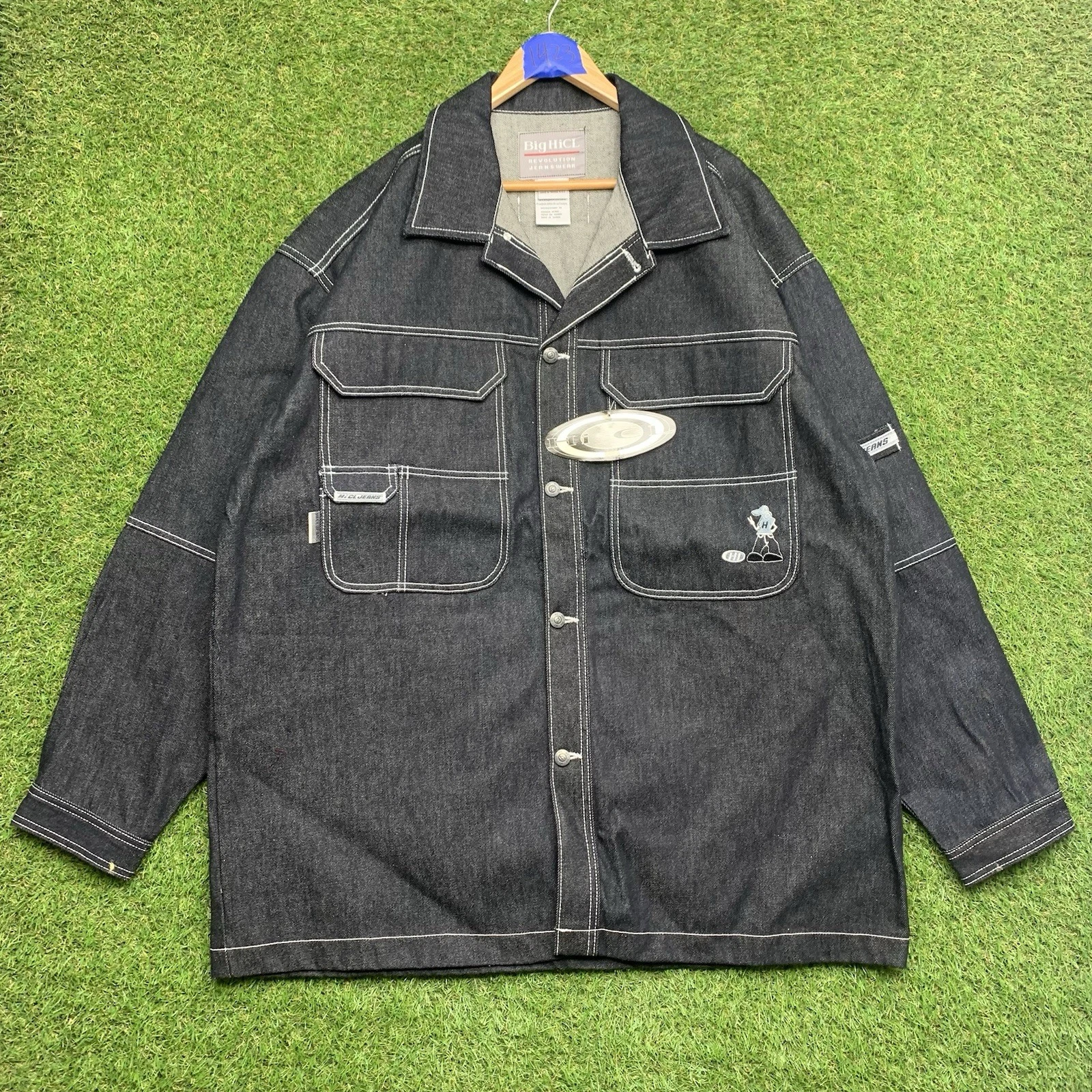 Big HiCL Revolution Jean Jacket Mens XL Black Dark Wash Denim Button Front NWT