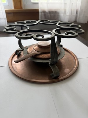 Vintage Swiss Stockli Netstal Iron Fondue Stand w/ Textured Hammered Copper Fuel