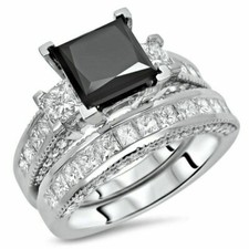 2Ct Princess Cut Black Onyx three stone 925 Sterling Silver Bridal Set Band Ring