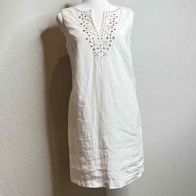 Michael Michael Kors Gold Studded White Linen Sleeveless Dress