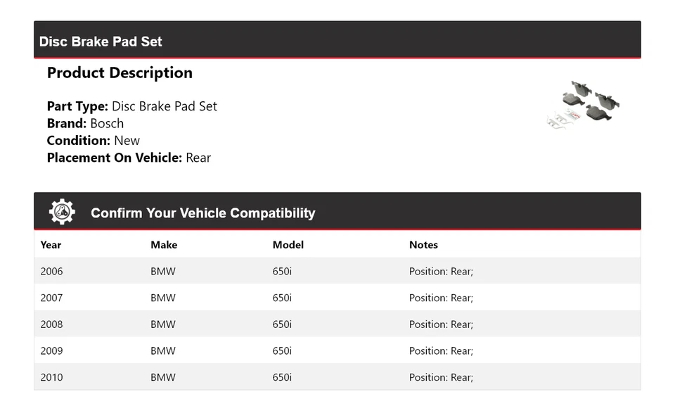 Pastillas de freno semimetálicas con herrajes traseras para BMW 650i Bosch 2006-2010 Bosch 2007 Foto 2 de 4