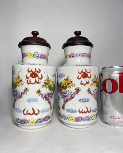 Pair Of Chinese Famille Rose Dragon Vases With Wood Lids