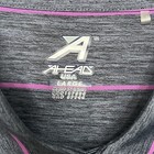 Gray and pink striped polyester polo shirt with “AHEAD USA LARGE MADE IN INDIA” label and white logo on chest.