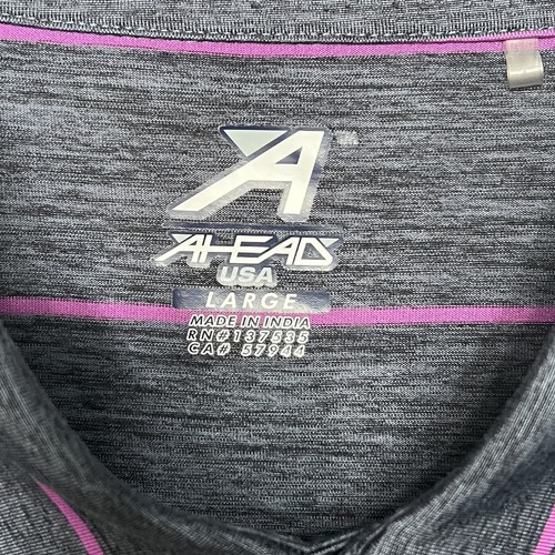 Gray and pink striped polyester polo shirt with “AHEAD USA LARGE MADE IN INDIA” label and white logo on chest.