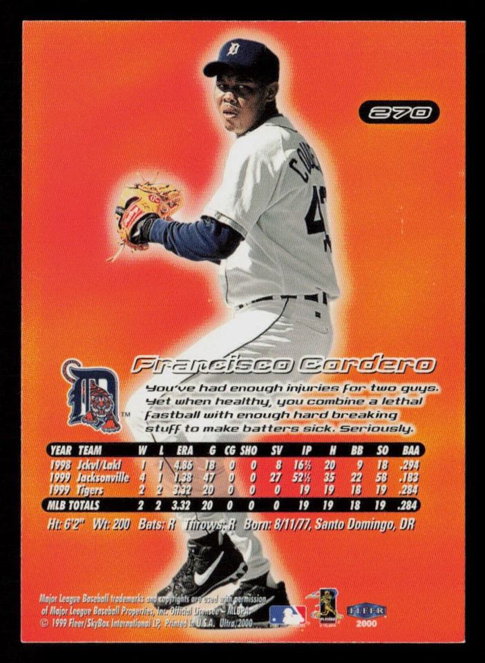 2000 Ultra Francisco Cordero #270 Detroit Tigers Baseball Card - Image 2 of 2