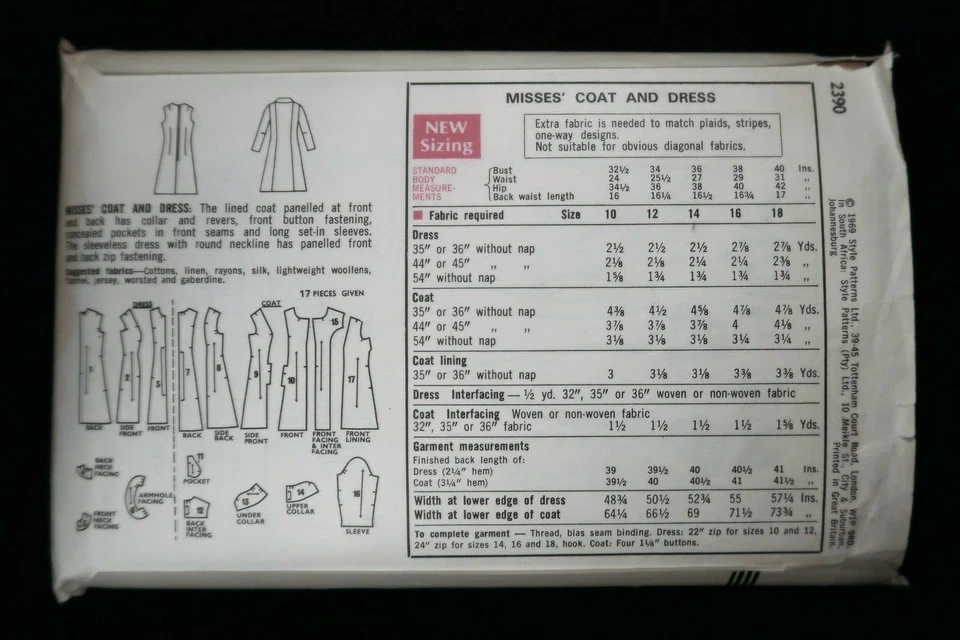 Style 2390 Misses Coat & Dress Vintage 1969 Sewing Pattern sz 12 (Bust 34) Cut - Image 2 of 2