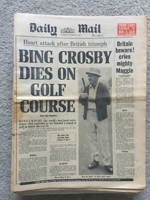Daily Mail Newspaper October 15th 1977 Bing Crosby dies on Golf Course