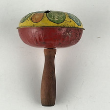 Vintage Metal Noise maker With Clown Faces and Wood Handle Rattle Toy New Years