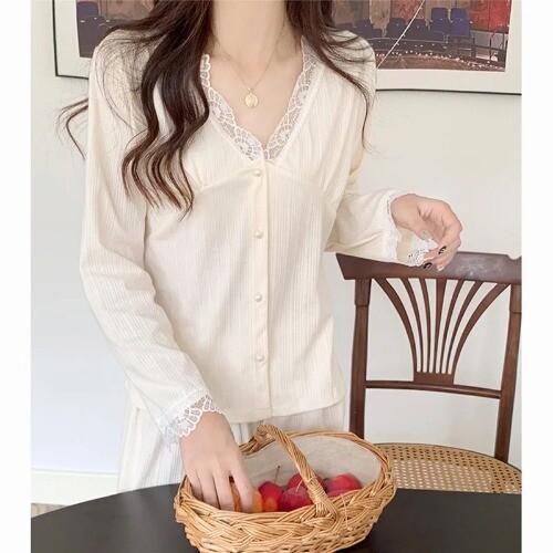 Neu Loungewear Pyjama Damen V-Ausschnitt Langarm Hose Set Spitze Baumwolle Nachtwäsche - Bild 9 von 20