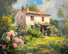 Cottage with a rose garden oil painting 8x10 Print