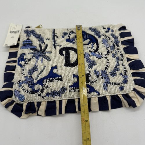 Anthropologie Clutch Perlen bestickt Monogramm "D" blau weiß Toile Pailletten - Bild 7 von 8