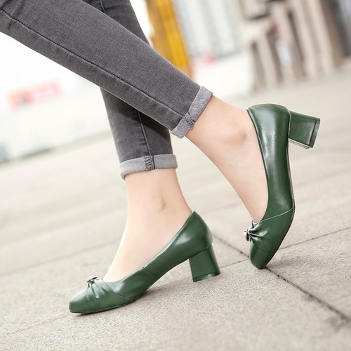 UK Women Bow Block Mid Heel Shoes Boat 