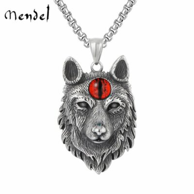 MENDEL Mens Spiritual Evil Eye Wolf Head Pendant Necklace Stainless Steel Chain