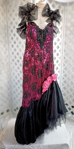 Vintage 80's Loralie Original Fabulous Fuchsia/Black Sequin Bead & Lace Gown 16