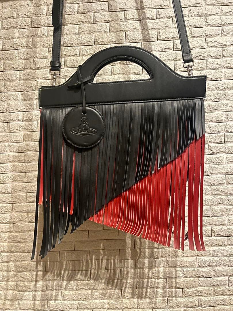 Vivienne Westwood Orb Charm Leather Fringe Shoulder Bag Black Red 