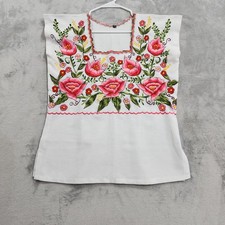 Vintage Mexican Floral Embroidered Huipil Top Women XS/34 White Pink Square Neck