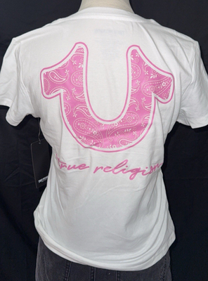 True Religion WHITE VNECK Y2K PINK LOGO TOP WOMENS SIZE MEDIUM NEW