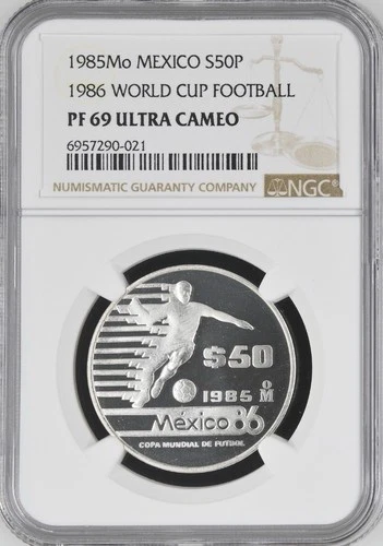 1985-MEXICO SILVER 50 PESOS-Soccer Player-NGC PF 69 ULTRA CAMEO-TOP POP
