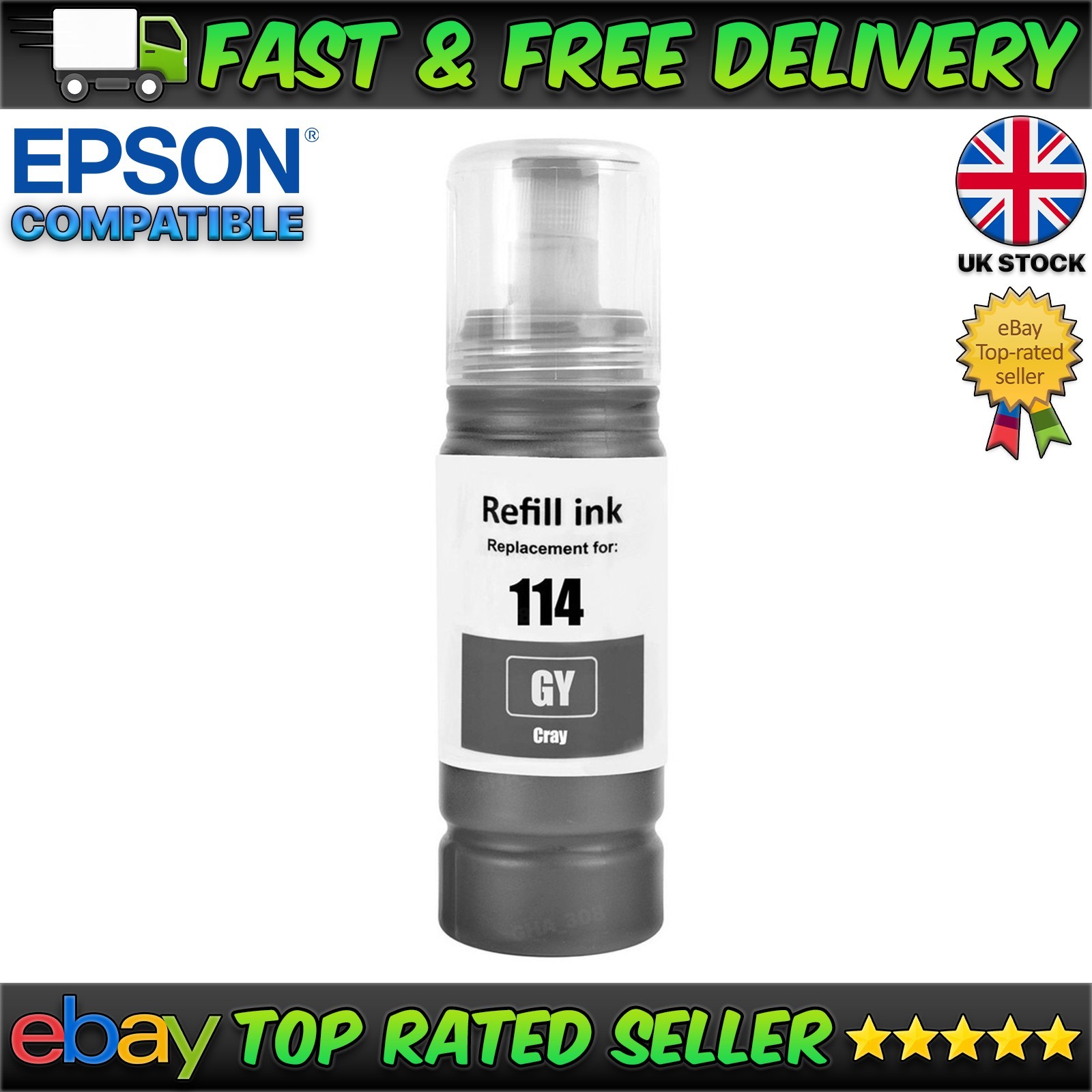 Compatible Epson 114 Grey Ink Bottle Refill 70ml for EcoTank Printers ET-8500 GY