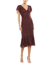 Mac Duggal Sequined V Neck Flutter Cap Sleeve Trumpet Dress Women's