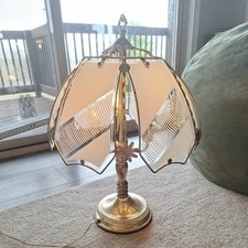 Vintage Glass Panel Touch Lamp: Striped Design with Brass Flowers Table Lamp
