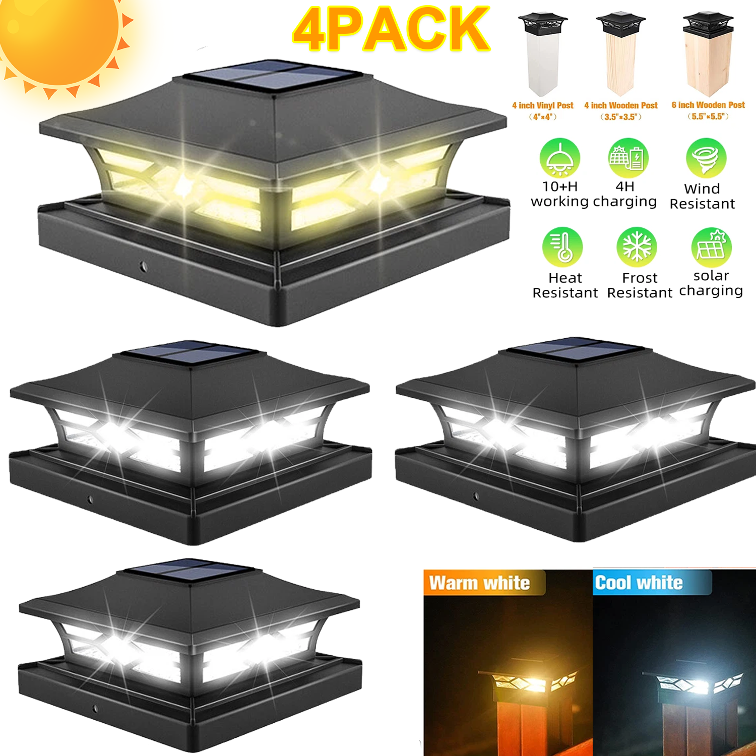 4Pack Solar LED Post Cap Lights for 4x4 6x6 Outdoor Fence Deck Dock PVC Vinyl