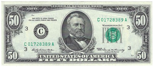 1969 Fifty Dollar Bill Federal Reserve Note C01728389A Philadelphia 2114C AU