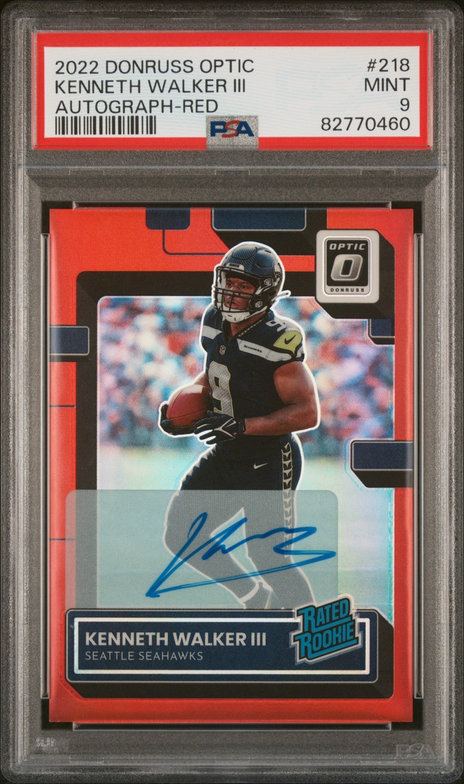 2022 DONRUSS OPTIC KENNETH WALKER III AUTOGRAPH RED RATED ROOKIE #D /75 PSA 9