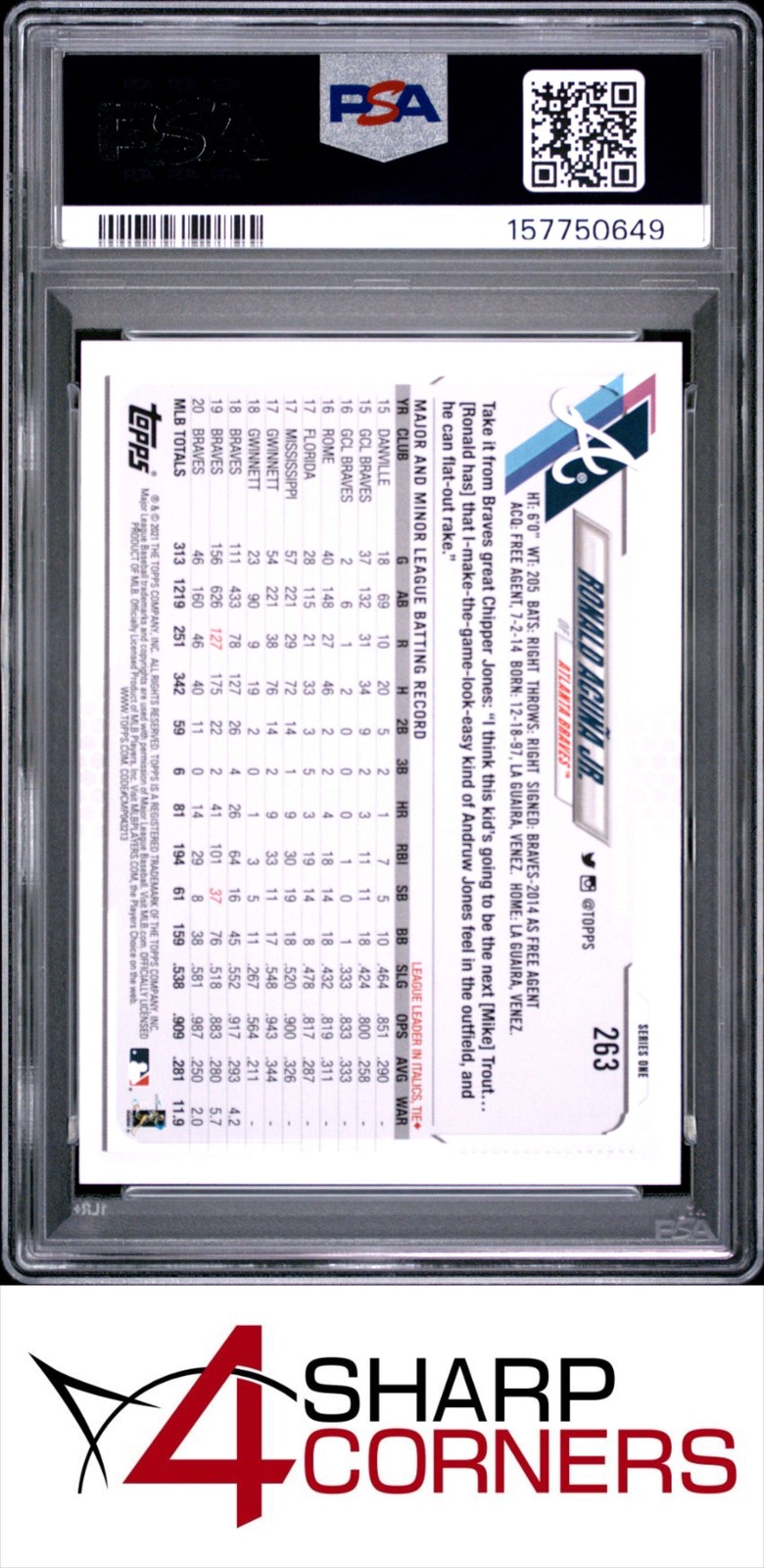 2021 TOPPS #263 RONALD ACUNA JR. BRAVES PSA 10 view 2