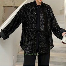 Men Sequins Blouse Shirt Tops Soft Shiny Glitter Disco Club Costume Casual Dance