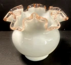 Vintage Fenton Milk Glass Pink Rose Crest Vase 4”  Tall Ruffled Rim