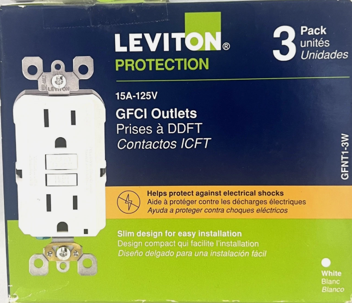 Leviton GFNT1-3W 15A Self-Test Slim GFCI Duplex Outlet - White (3-Pack)