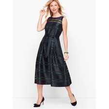 Talbots Sheer Stipe Fit & Flare Petite Sleeveless Midi Dress Navy Green Size 4P