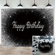 Black Happy Birthday Backdrop Glitter Silver Dot Photography Background