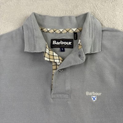 Barbour Polo Shirt Mens Small Gray Logo Check Trim Cotton Pique Short Sleeve