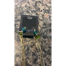 Multi Strand Beaded Necklace and Earring Set Gold Tone Blue Green