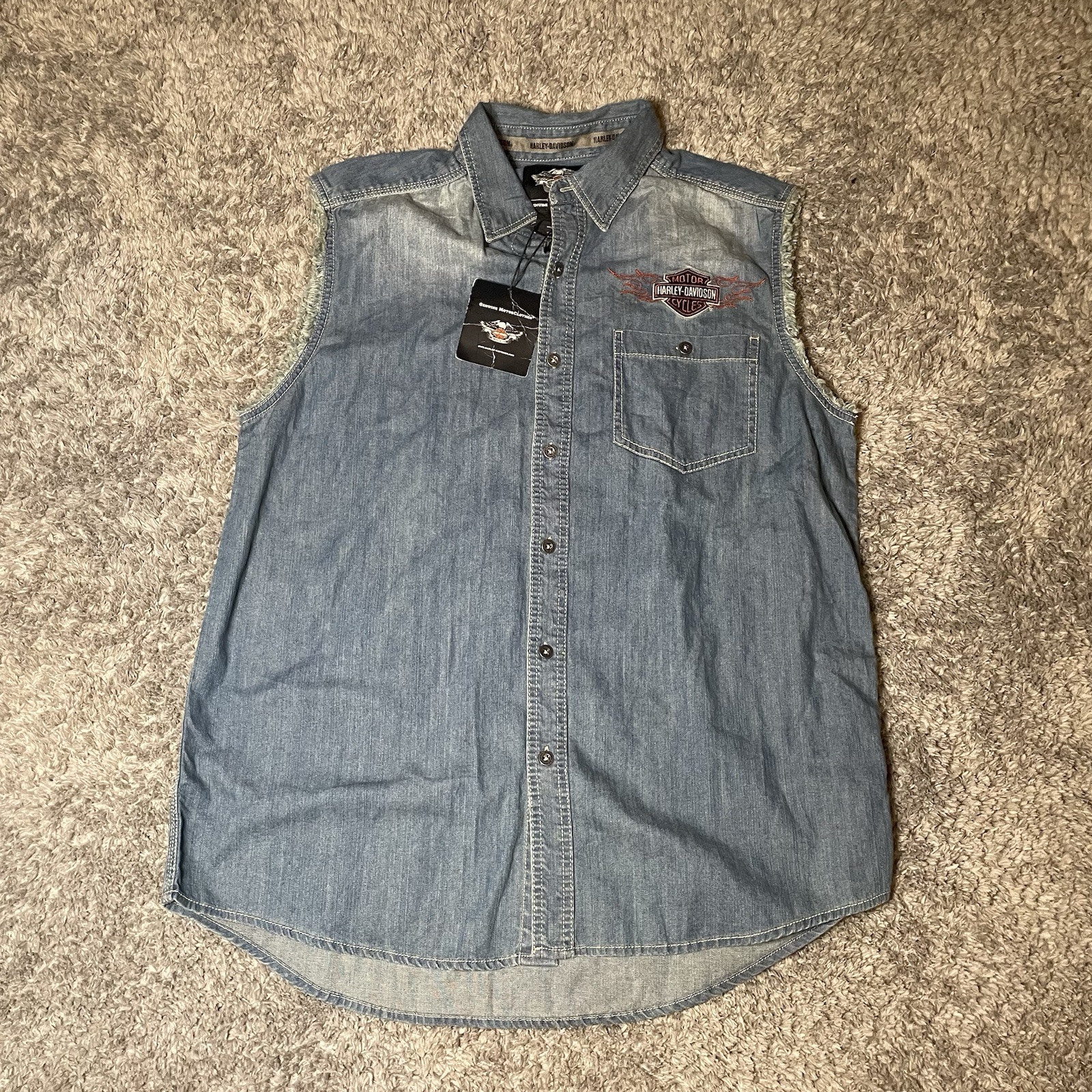 Harley-Davidson Men's Bar & Shield Flames Blowout Denim Muscle Shirt L With tag