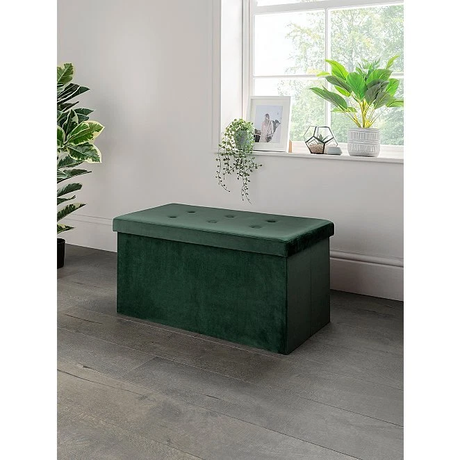 Long Forest Green Velvet Storage Ottoman
