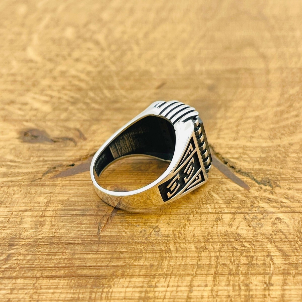 Mens 925K Sterling Silver Ring, Square Black Onyx Stone Men 